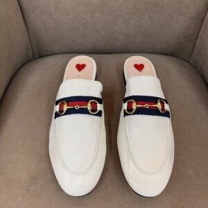 Gucci White Mules with Gold and Navy Accents